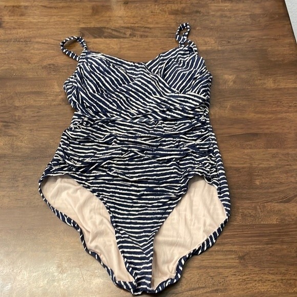 Merona Navy & White Striped Faux Wrap One Piece Swimsuit Size Medium - Picture 1 of 9
